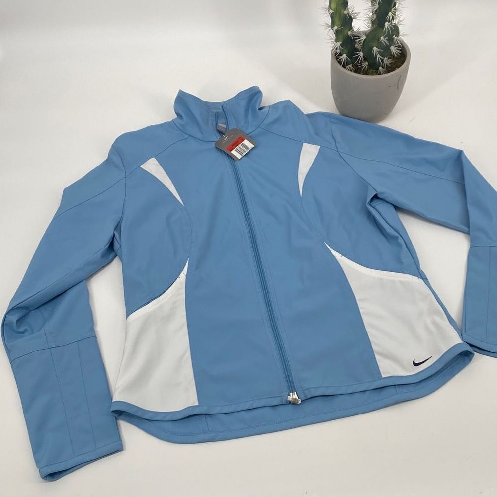 New Nike Play Up Lightweight Windbreaker Jacket Full Zip Pockets Blue White Larg